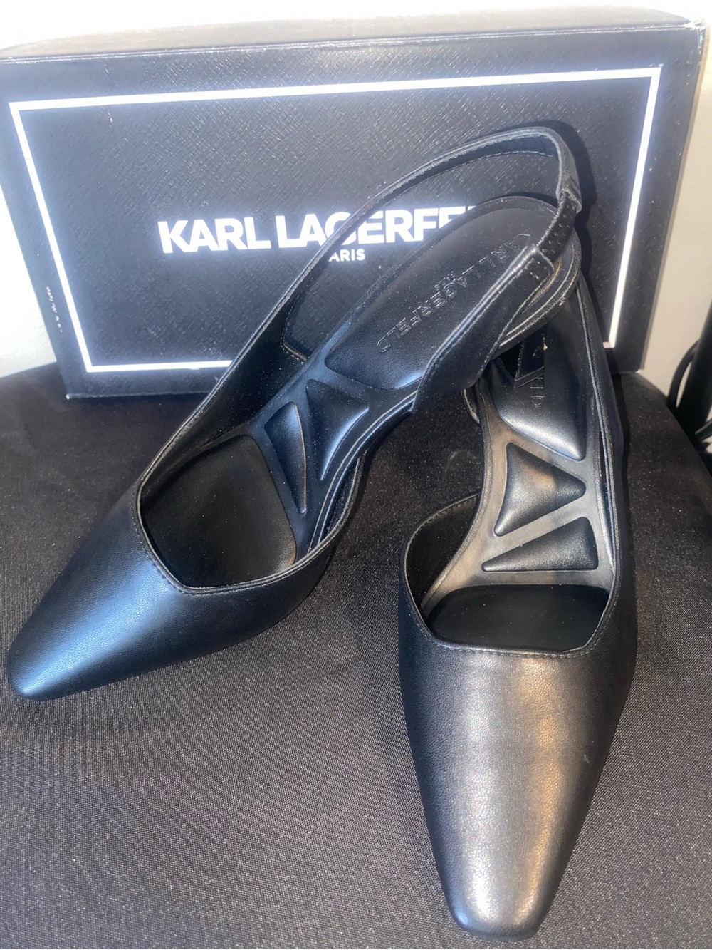 Karl Lagerfeld Black Pointed Slingback Pumps with Low Heel